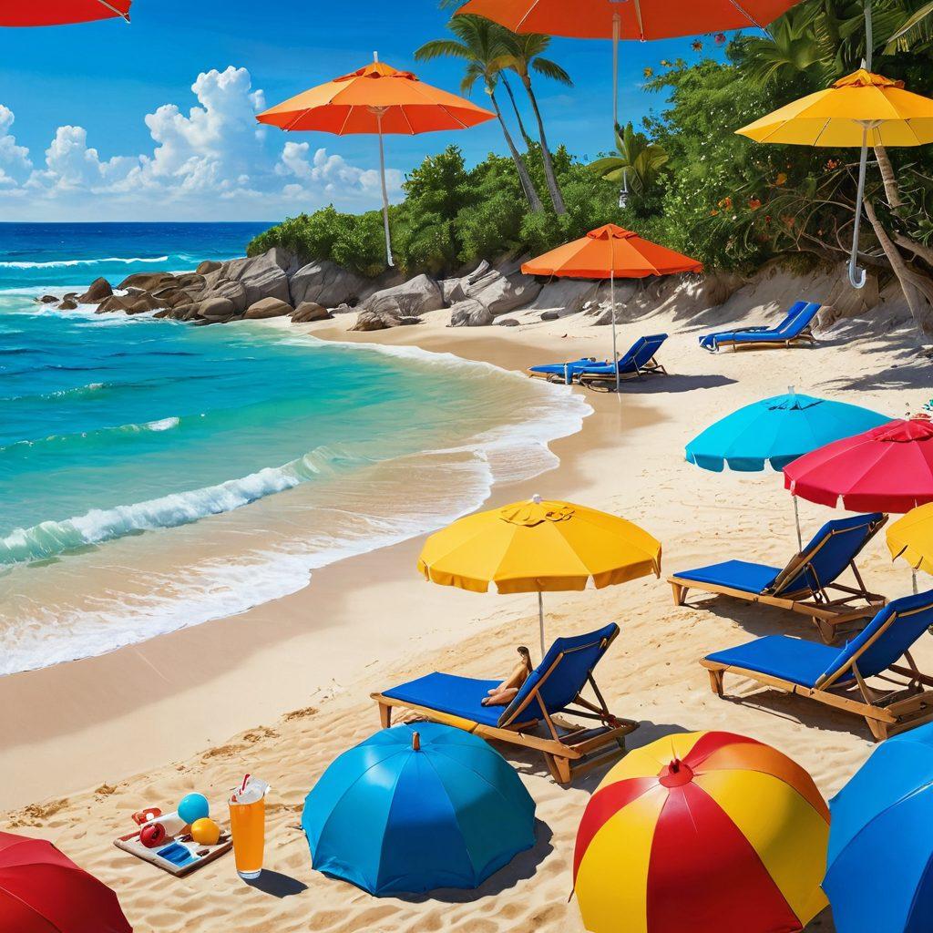 A vibrant beach scene featuring sunbathers lounging under colorful umbrellas, while stylish adults apply sunscreen and watch a streaming device on the sand. Include playful beach balls and tropical drinks to enhance the fun atmosphere. The background should showcase crystal-clear waves and a bright blue sky. super-realistic. vibrant colors.